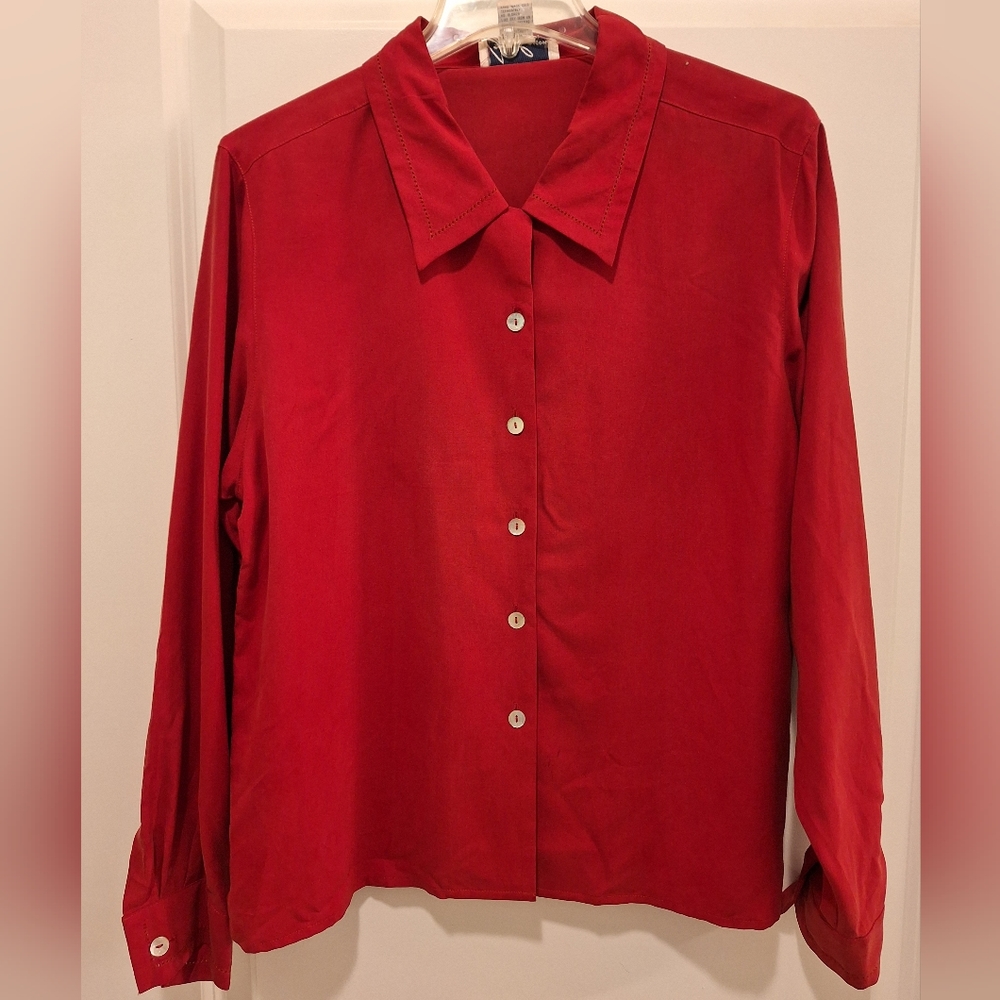 100% Pure Silk Red Blouse- 'ANNE CARSON' - Size Medium